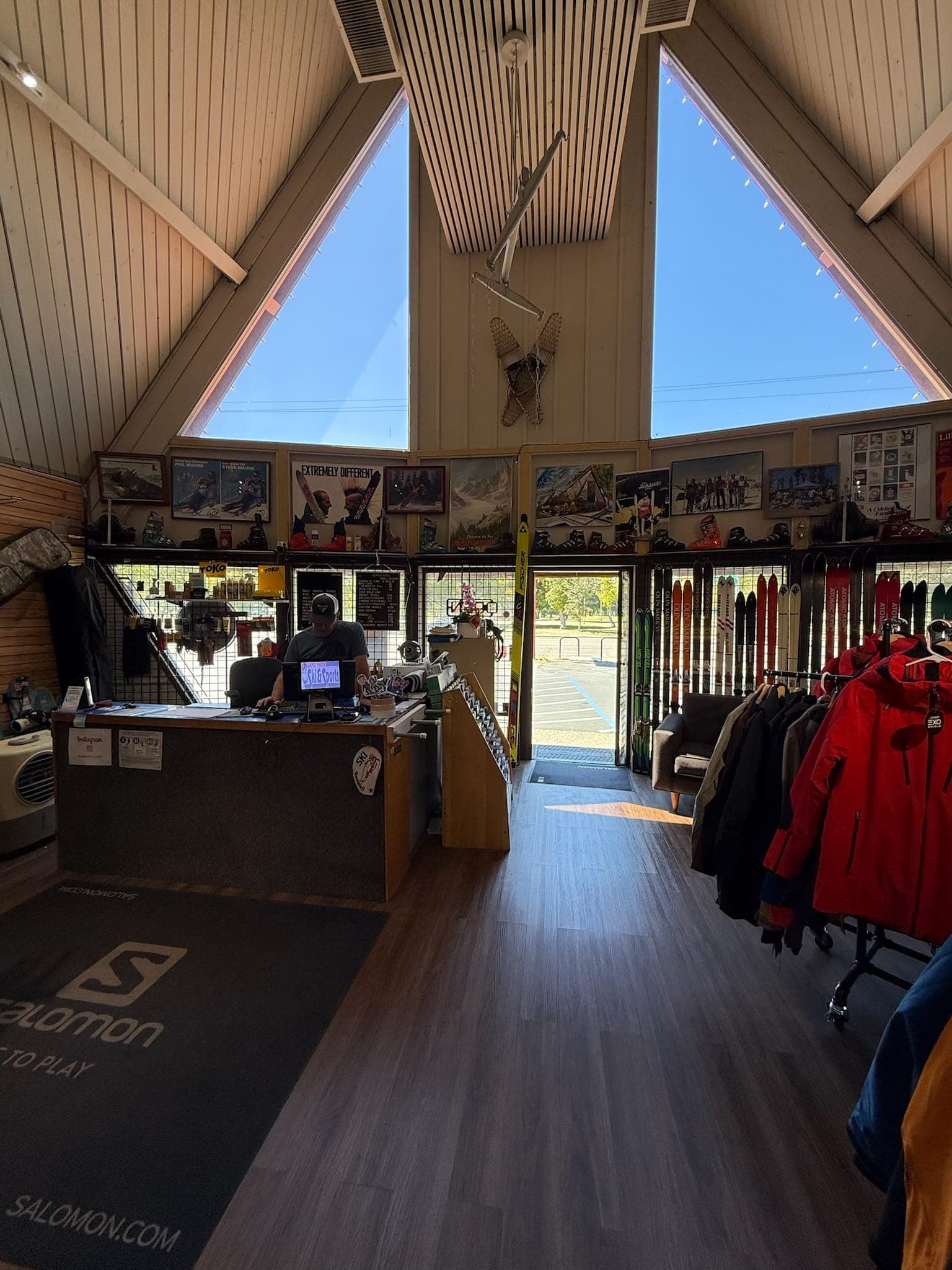 The updated shop interior, looking out the A-frame's front glass