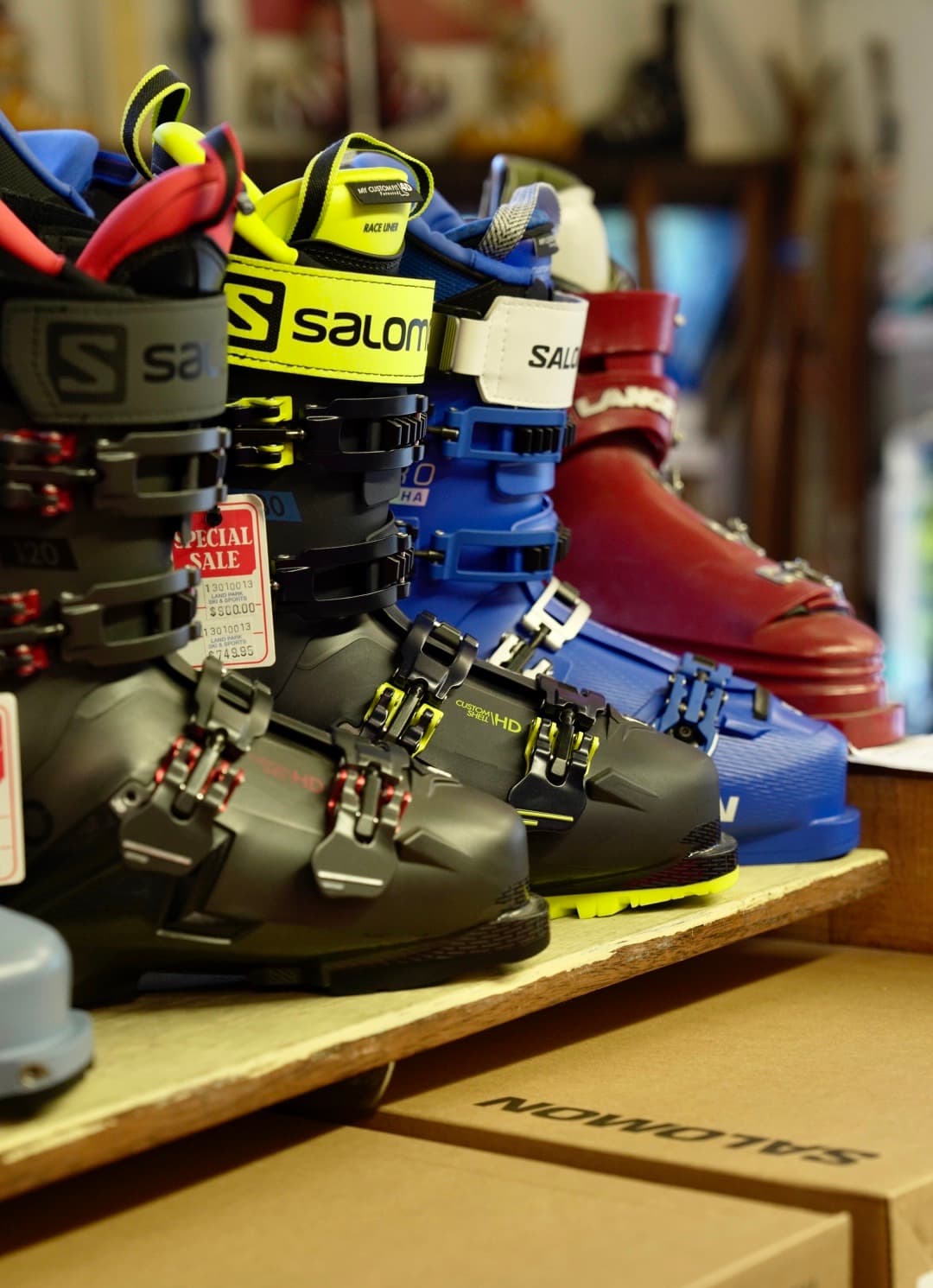 Salomon boots on a shelf