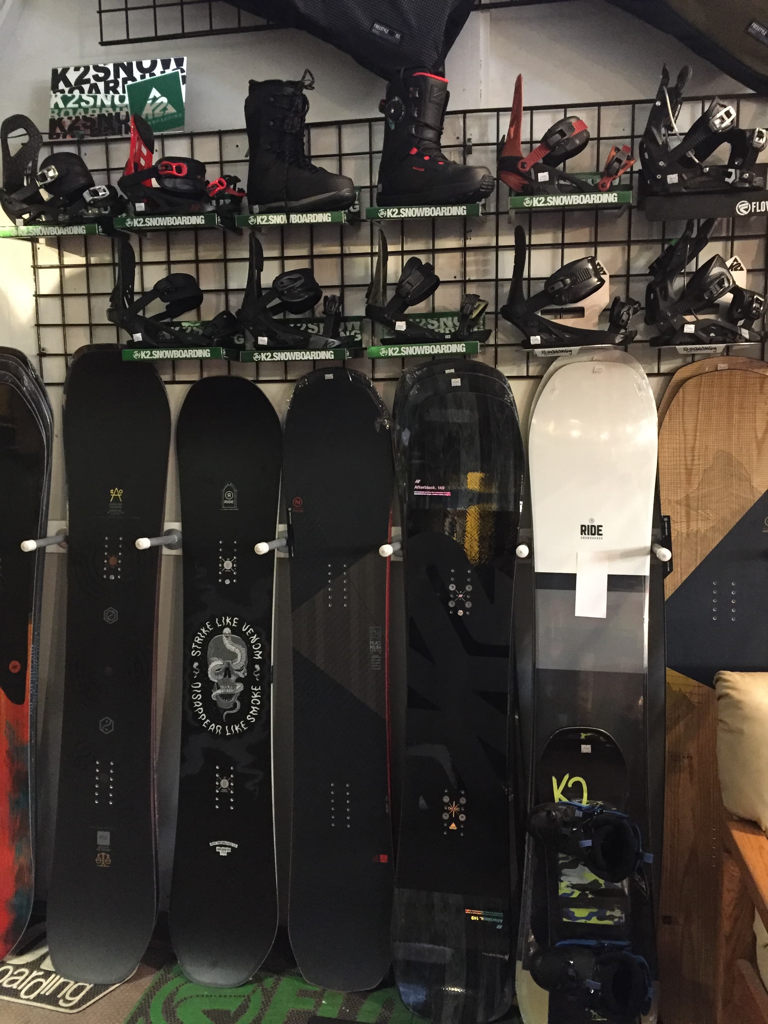 Snowboards on the wall at Land Park Ski & Sports in Sacramento