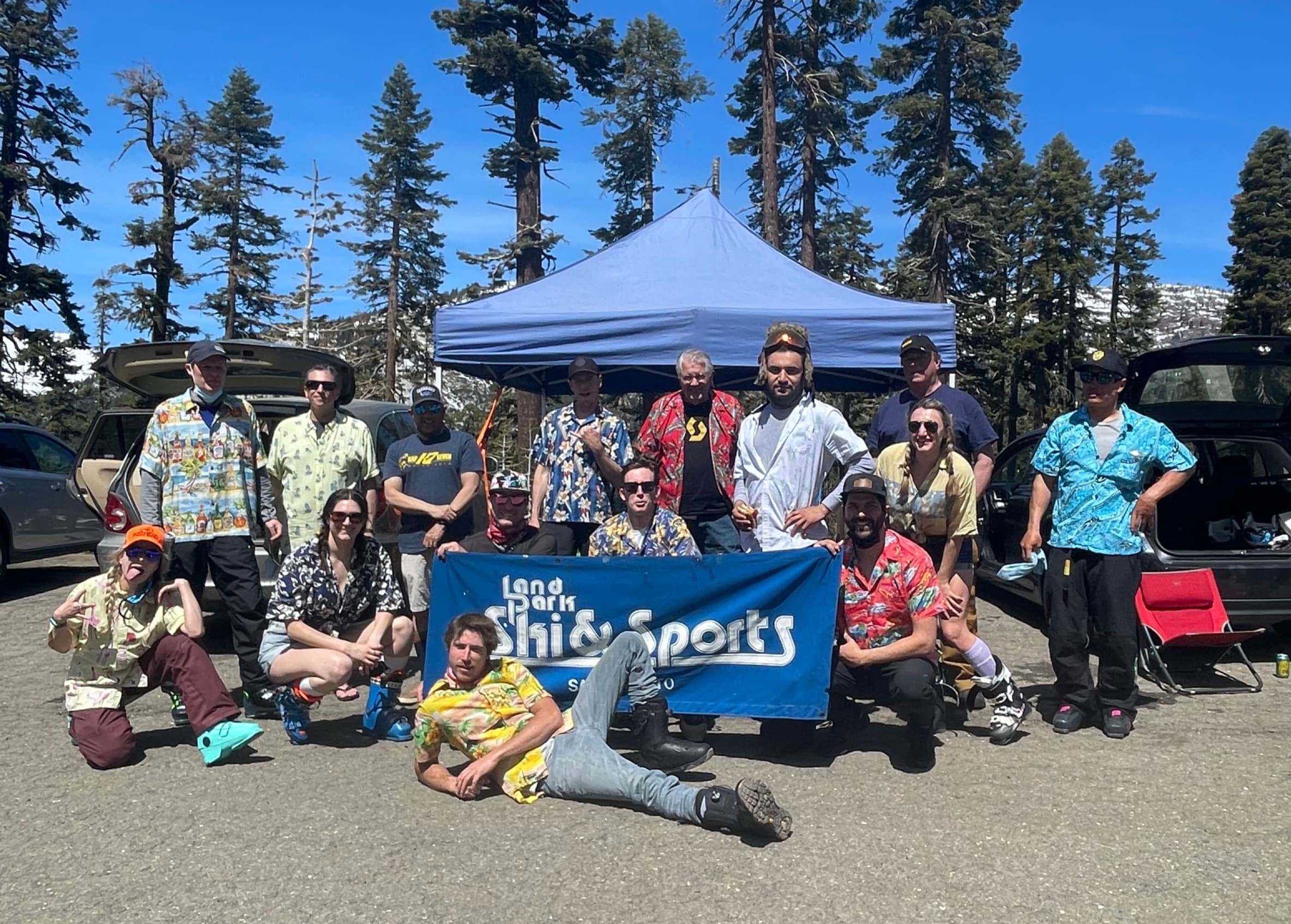 The Land Park Ski & Sports crew at Tahoe with the shop banner