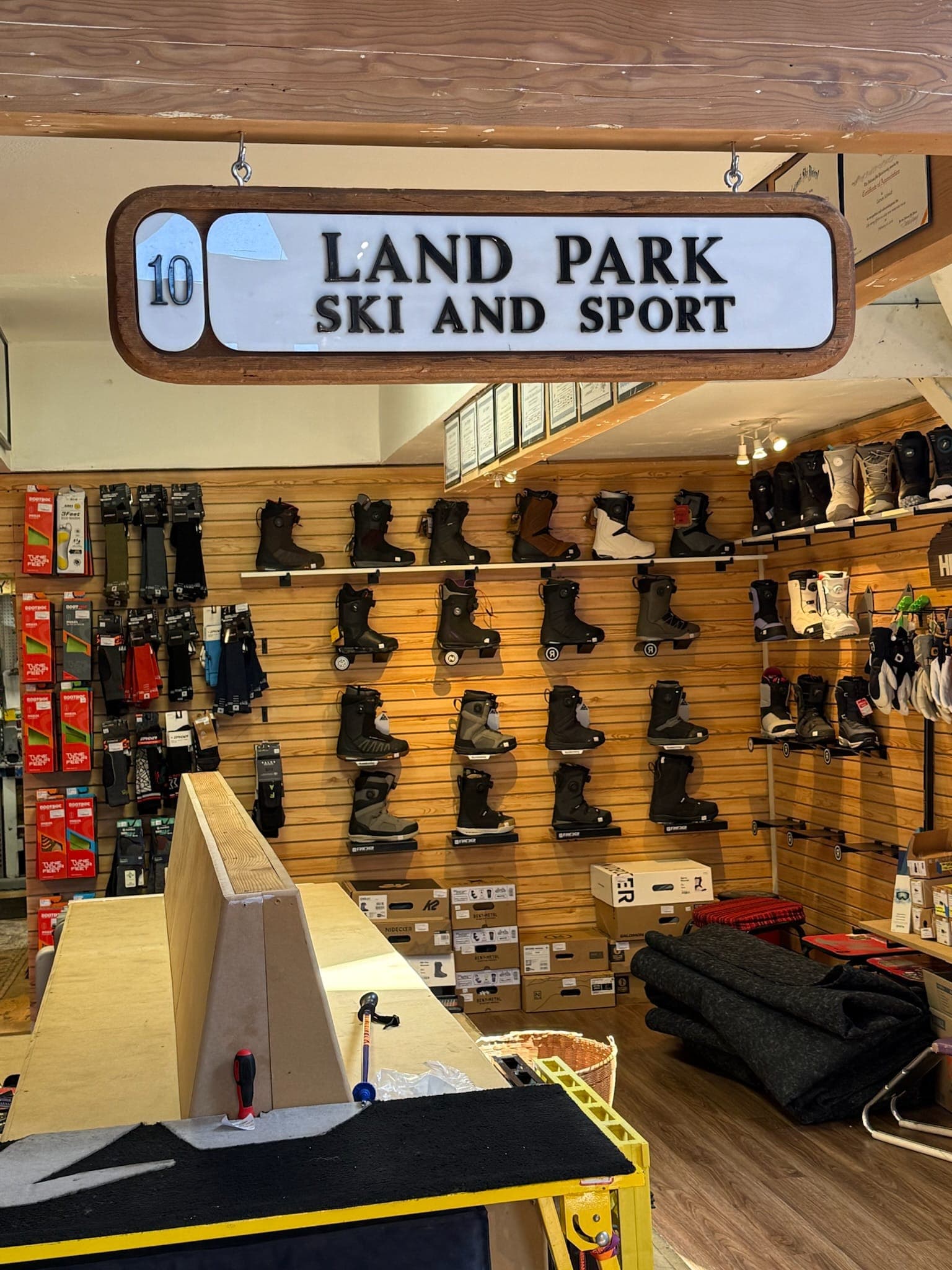 The vintage Land Park Ski and Sport sign over the boot room